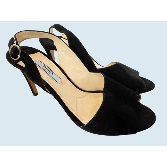 PRADA Black Suede Open Toe Adjustable Sling Back Heel Size 7.5 - Picture 2 of 9